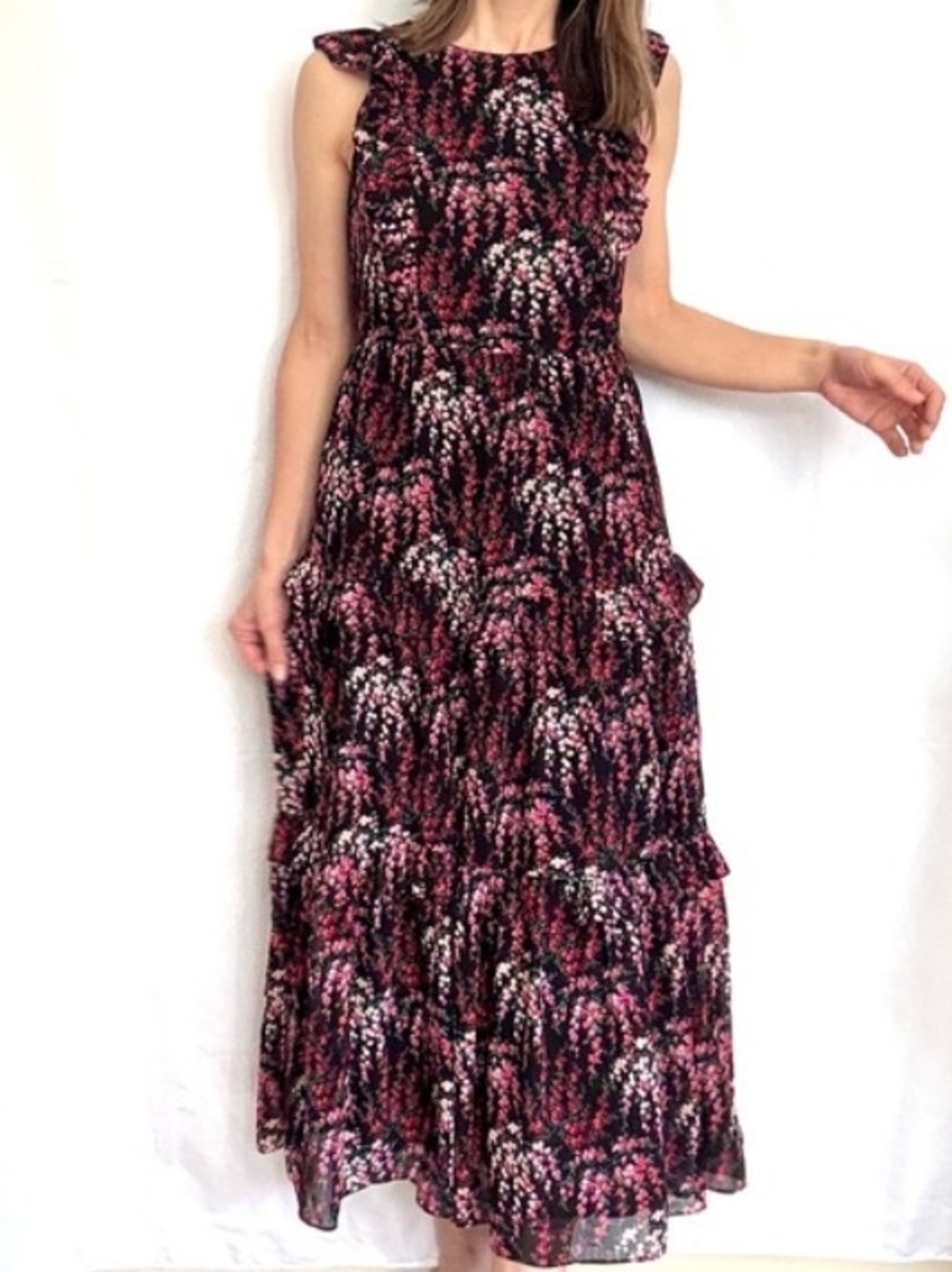 J. Crew  Black and Pink Floral Ruffle-tiered Maxi Dress